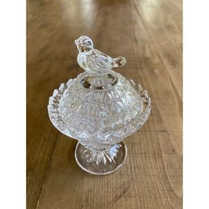 Vintage Clear Pressed Glass Bird Finial Trinket Dish Pedestal Candy Bowl Lid